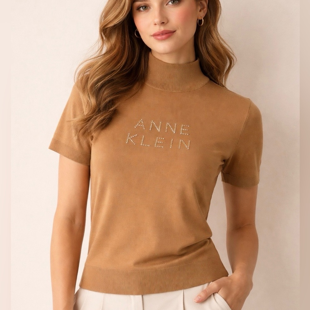 Brand New Anne Klein Turtle Neck Style Embellished Sweater Size M, Tan Color